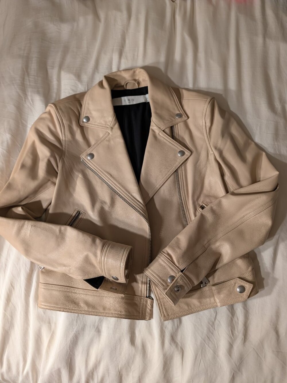 IRO Paris Kolmar Leather Moto Jacket Beige FR 36 US 4 Lambskin Repaired
